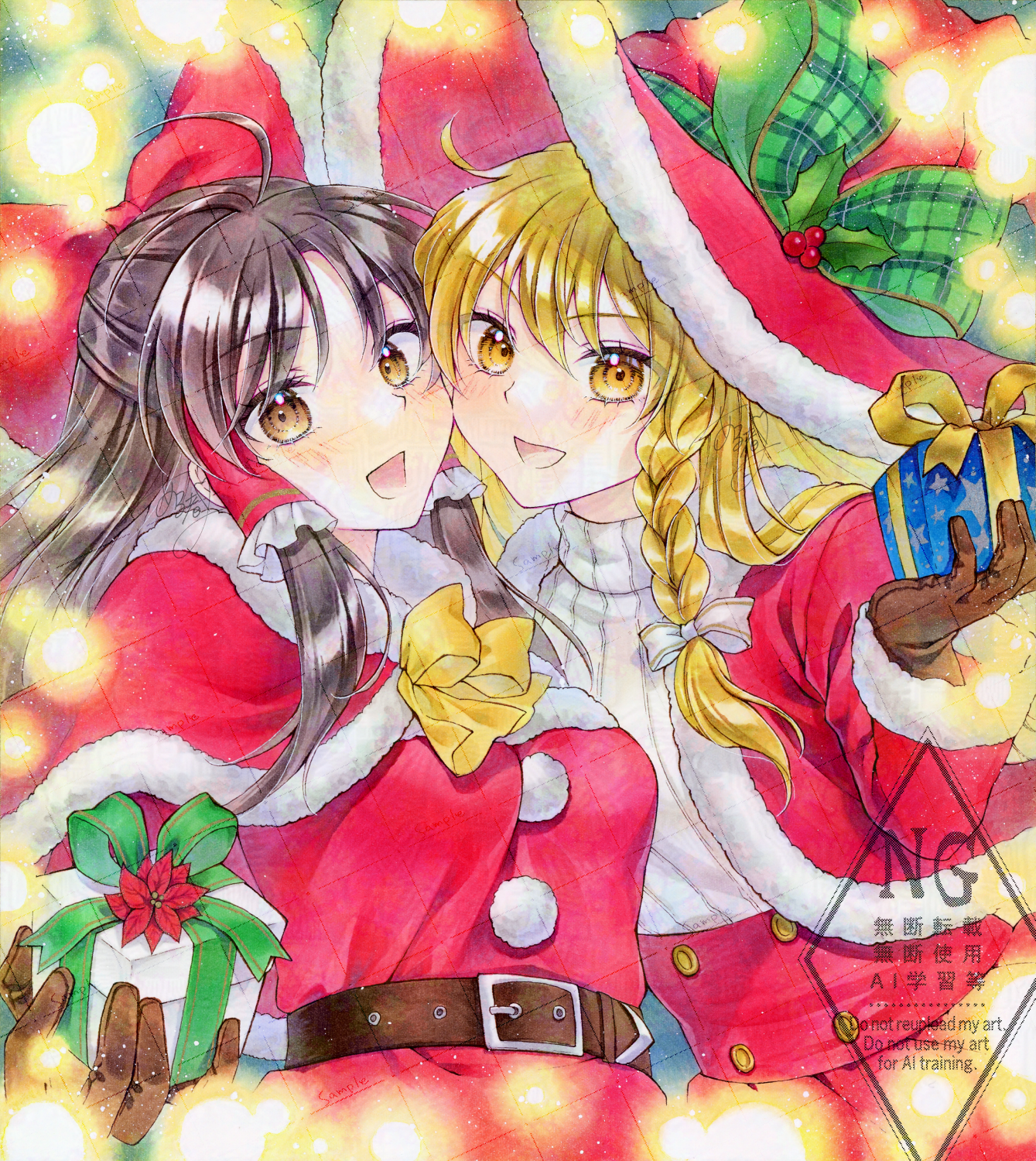 alto2019, hakurei reimu, kirisame marisa, touhou, commentary request, highres, marker (medium), traditional media, 2girls, alternate costume, alternate headwear, belt, blonde hair, blush, bow, bowtie, box, braid, brown belt, brown eyes, brown gloves, brown hair, capelet, christmas, dress, frilled bow, frilled hair tubes, frills, fur-trimmed capelet, fur-trimmed dress, fur-trimmed headwear, fur-trimmed sleeves, fur trim, gift, gift box, gloves, green bow, hair bow, hair tubes, hat, hat bow, holding, holding gift, long hair, long sleeves, multiple girls, open mouth, red bow, red capelet, red dress, red hat, santa costume, santa dress, side braid, signature, single braid, smile, sweater, watermark, watermark grid, white bow, white sweater, witch hat, yellow bow, yellow bowtie, yellow eyes