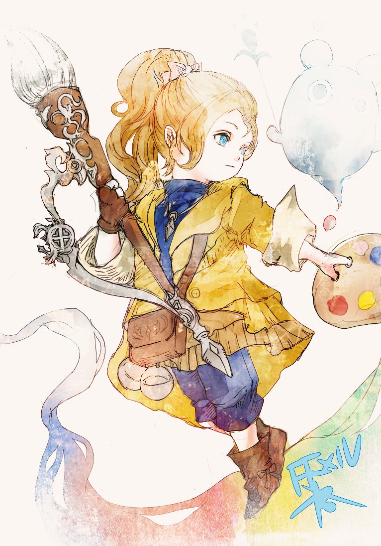 ruka (blueplus84), krile baldesion (ff14), nixie (ff14), final fantasy, final fantasy xiv, commentary request, 1girl, blonde hair, blue eyes, blue pants, boots, bow, brown boots, brown gloves, capri pants, closed mouth, copyright name, creature, fingerless gloves, gloves, hair bow, holding, holding paint palette, holding paintbrush, jacket, jewelry, lalafell, medium hair, necklace, open clothes, open jacket, paint palette, paintbrush, pants, pink bow, ponytail, single fingerless glove, single glove, yellow jacket