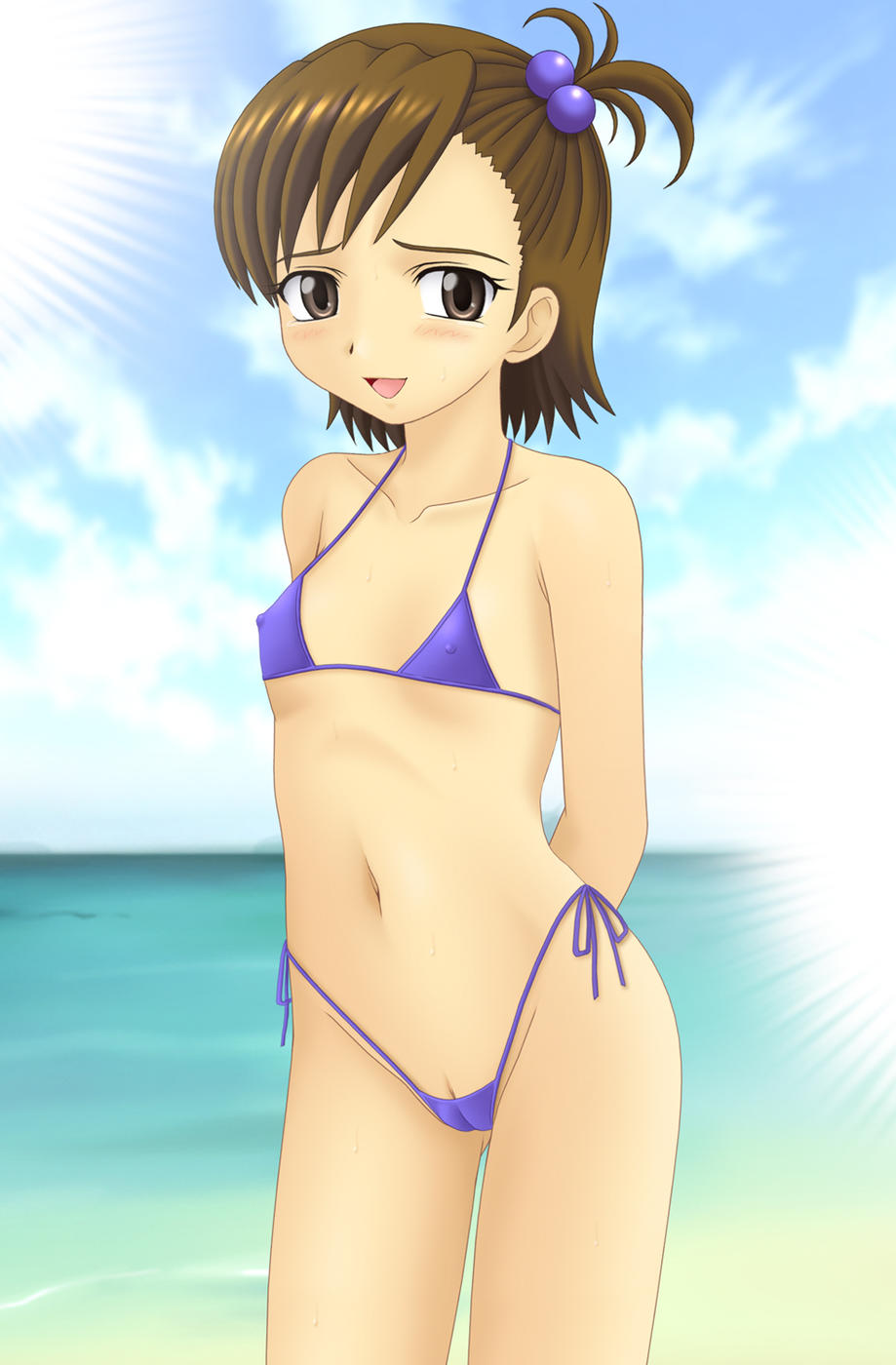 miracle!, futami mami, idolmaster, idolmaster (classic), highres, 00s, 1girl, arms behind back, beach, bikini, blue bikini, brown eyes, brown hair, cameltoe, cleft of venus, cloud, covered erect nipples, day, female focus, flat chest, hair bobbles, hair ornament, micro bikini, navel, nipples, open mouth, outdoors, purple bikini, pussy, pussy peek, short hair, sky, solo, swimsuit, water