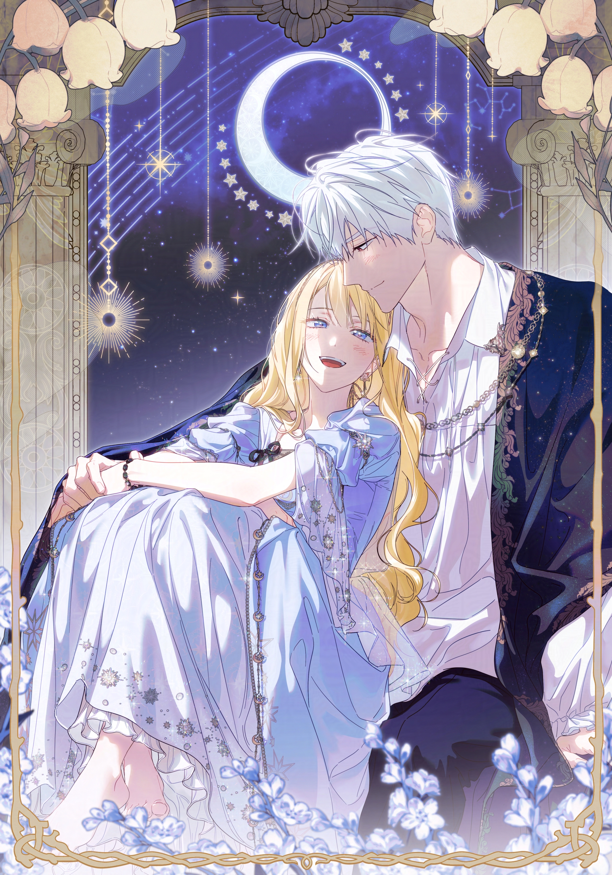 iske van omerta, rudbeckia de borgia, how to win my husband over, absurdres, highres, 1boy, 1girl, barefoot, blonde hair, blue dress, blue eyes, dress, frilled dress, frills, long hair, looking at another, puffy short sleeves, puffy sleeves, red eyes, shirt, short sleeves, siru048, white hair, white shirt