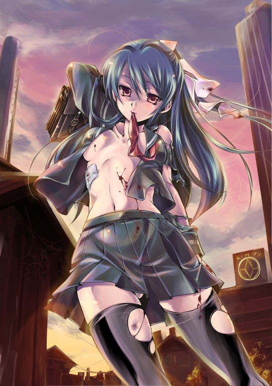 kamizuki shiki, 1girl, black hair, blood, female focus, from below, mouth hold, no bra, open clothes, open shirt, outdoors, red eyes, school uniform, shirt, skirt, sky, solo, thighhighs, torn clothes, torn thighhighs