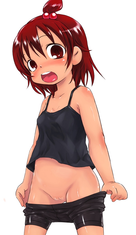 yuuge (hangoban), marui futaba, mitsudomoe (manga), 1girl, bike shorts, blush, brown eyes, brown hair, cleft of venus, clothes pull, female focus, flat chest, hair bobbles, hair ornament, loli, open mouth, pulling own clothes, pussy, red hair, short hair, shorts, shorts pull, side ponytail, solo