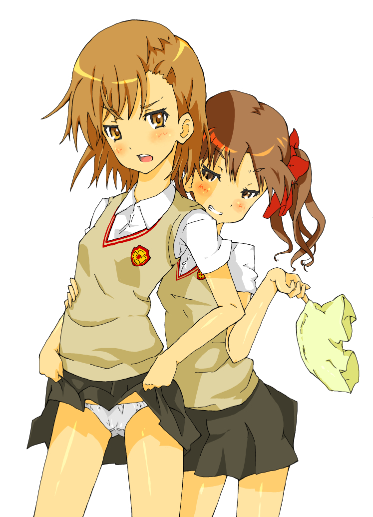 mochi hanpen, misaka mikoto, shirai kuroko, toaru kagaku no railgun, toaru majutsu no index, 00s, 2girls, brown eyes, brown hair, clothes lift, multiple girls, panties, school uniform, short hair, short twintails, shorts, skirt, skirt lift, twintails, underwear, white panties