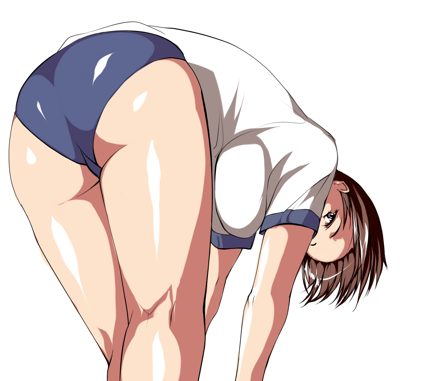saruanu, original, bad id, bad pixiv id, highres, 1girl, ass, bent over, breasts, brown eyes, brown hair, buruma, female focus, gym uniform, kneepits, short hair, simple background, solo, trefoil, white background