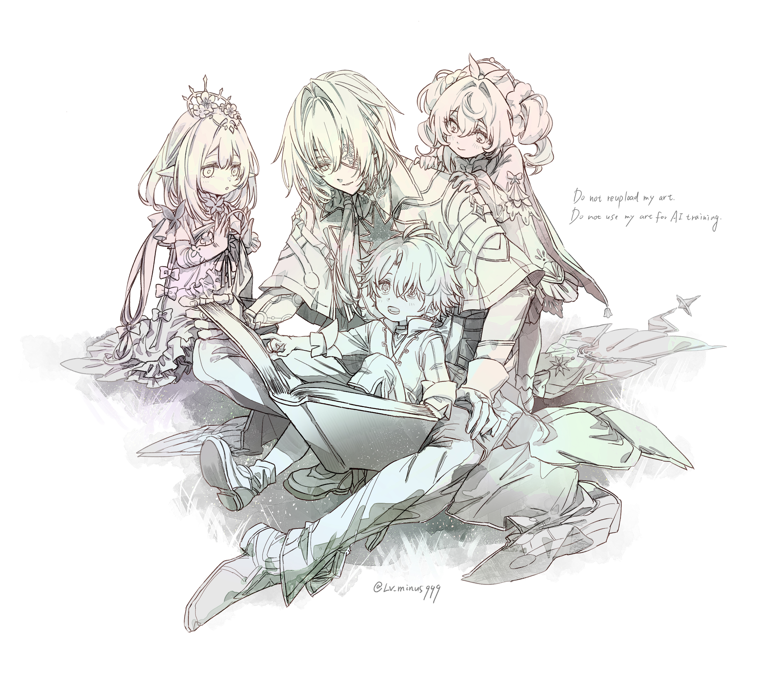 anaxa (honkai: star rail), castorice (honkai: star rail), hyacine (honkai: star rail), phainon (honkai: star rail), honkai: star rail, honkai (series), commentary request, highres, 2boys, 2girls, aged down, book, bow, cape, capelet, dress, drill hair, eyepatch, hair over one eye, hat, head wreath, knee up, leaning forward, light smile, long hair, long sleeves, looking at another, looking up, lv minus999, multiple boys, multiple girls, open book, pants, pointy ears, ponytail, reading, sitting, sitting on lap, sitting on person, twin drills, twitter username, watermark