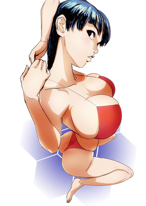 kuruma hajime, original, bad id, bad pixiv id, 1girl, ass, barefoot, bikini, black eyes, black hair, breasts, cleavage, female focus, foreshortening, huge breasts, legs, long hair, perspective, sideboob, solo, swimsuit, thighs, thong bikini