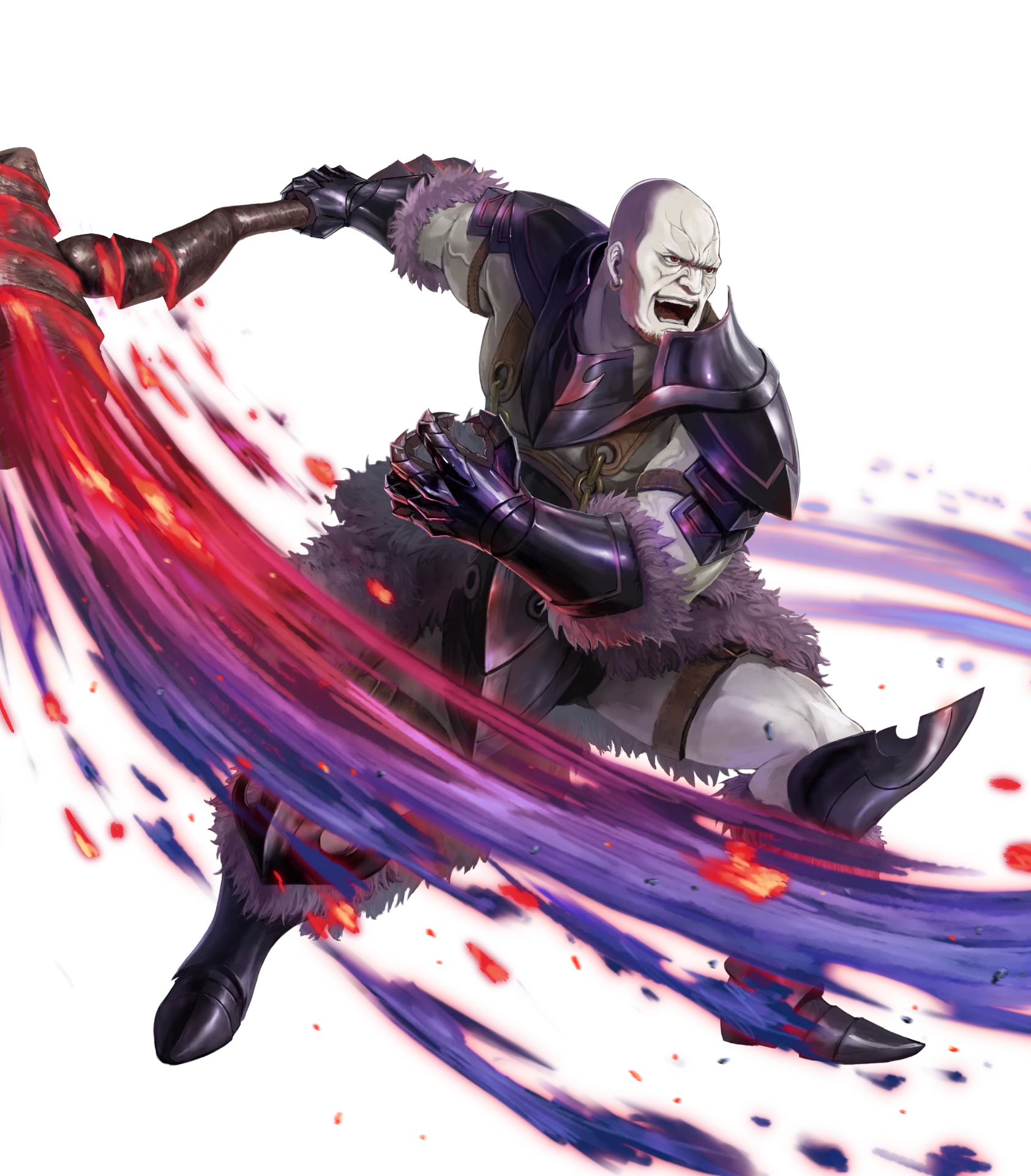 soeda ippei, hans (fire emblem), fire emblem, fire emblem fates, fire emblem heroes, nintendo, highres, official art, third-party source, 1boy, armor, armored boots, bald, beard, black armor, boots, earrings, facial hair, holding, holding polearm, holding weapon, jewelry, looking at viewer, male focus, pale skin, pectorals, pelt, polearm, smile, solo, weapon