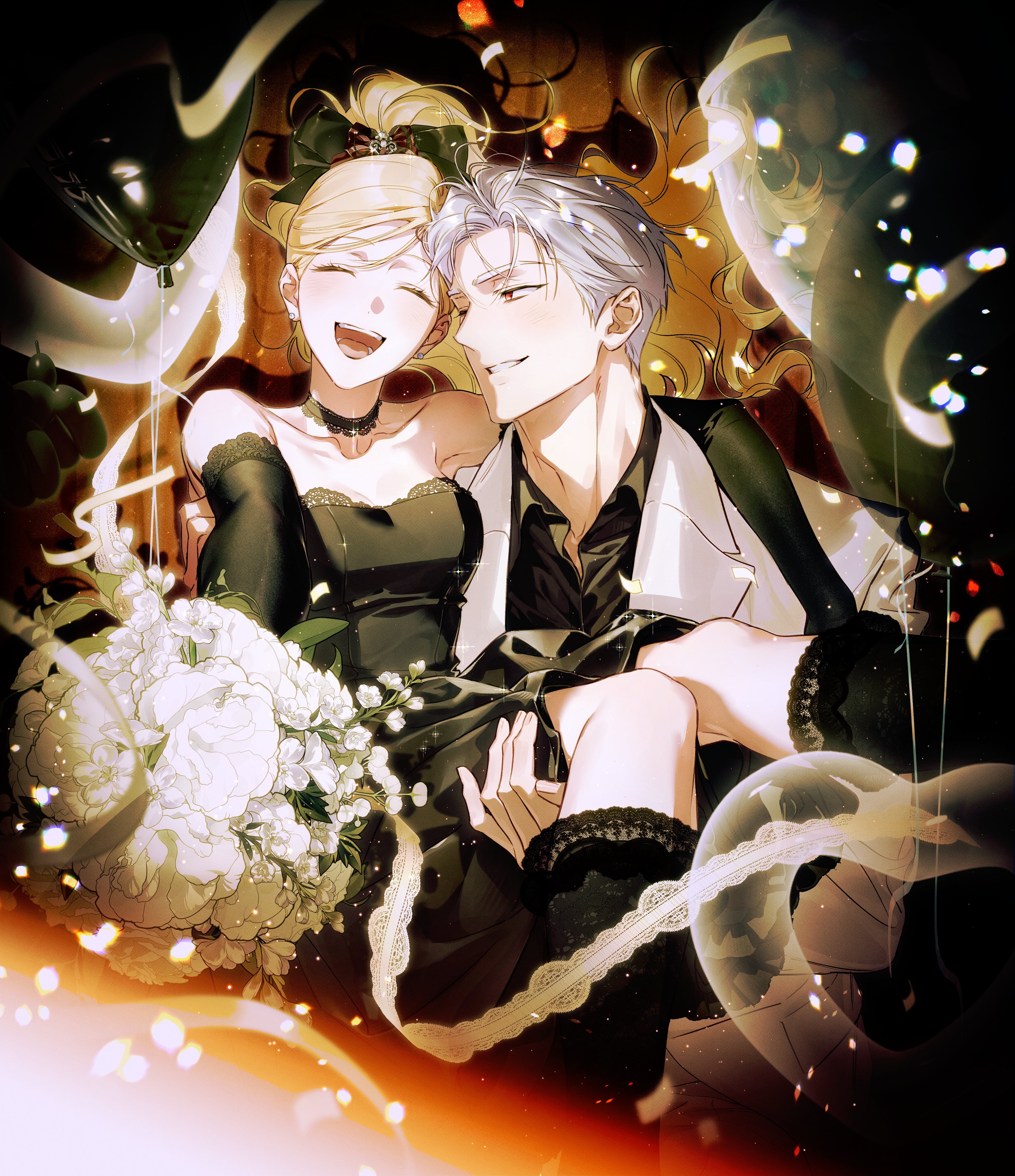 iske van omerta, rudbeckia de borgia, how to win my husband over, absurdres, highres, 1boy, 1girl, balloon, black bow, black choker, black dress, black gloves, black shirt, blonde hair, bow, carrying, choker, closed eyes, coat, dress, elbow gloves, flower, gloves, holding, holding flower, long hair, looking at another, princess carry, red eyes, shirt, siru048, white coat, white hair