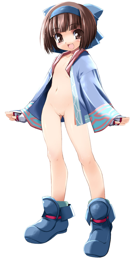 haga yui, rimururu, samurai spirits, snk, 1girl, blush, boots, bottomless, brown eyes, brown hair, cleft of venus, female focus, gloves, hair ribbon, loli, open clothes, open mouth, open shirt, pussy, ribbon, shirt, short hair, smile, solo