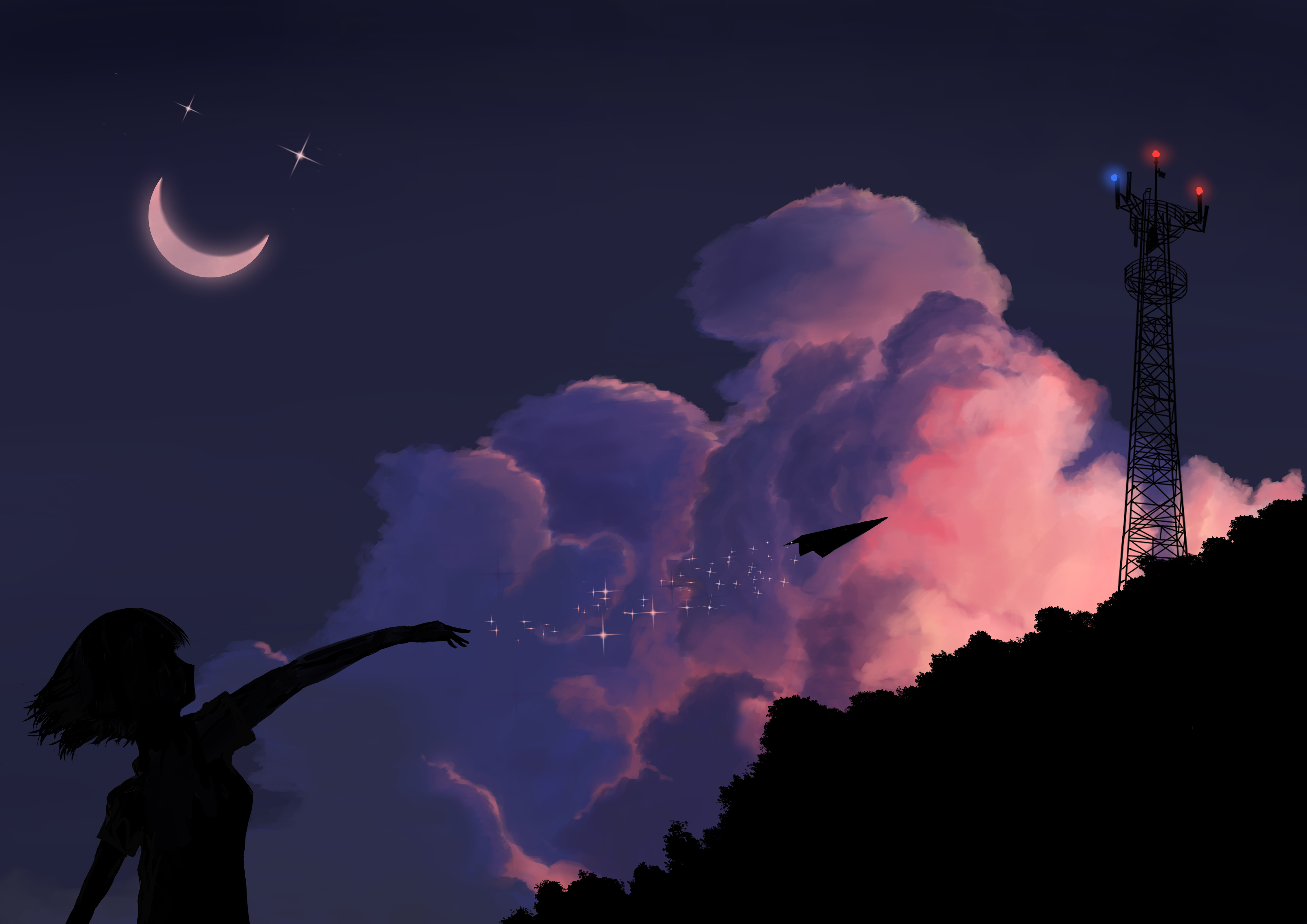 original, absurdres, chinese commentary, commentary request, highres, 1girl, black sky, cloud, crescent moon, from side, moon, night, paper airplane, radio tower, scenery, short hair, silhouette, sky, solo, sparkle, star (sky), upper body, yuki42