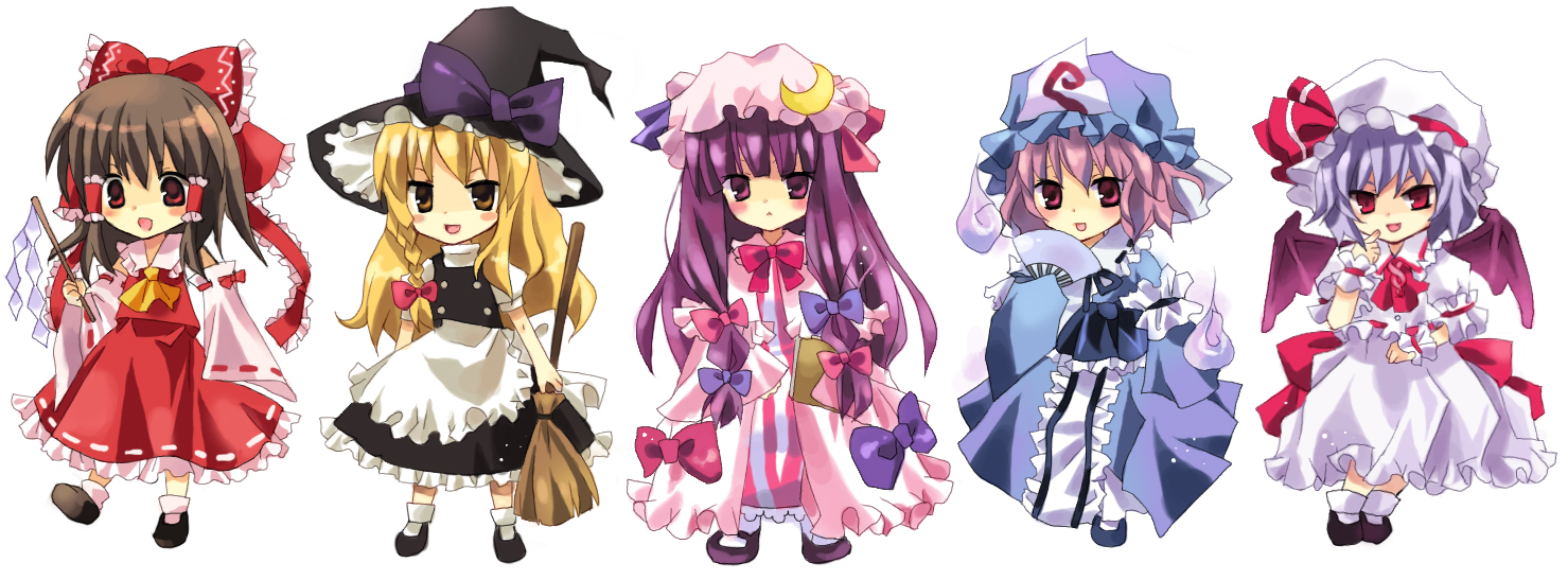 mayo (miyusa), miyausa, hakurei reimu, kirisame marisa, patchouli knowledge, remilia scarlet, saigyouji yuyuko, touhou, bad id, bad pixiv id, 5girls, blonde hair, bow, chibi, female focus, gohei, hair bow, hand fan, hat, multiple girls, wings