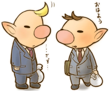 side/koma, louie (pikmin), olimar, nintendo, pikmin (series), pikmin 2, lowres, translated, 2boys, alien, formal clothes, full body, multiple boys, necktie, no humans, pointy ears, salaryman, simple background, standing, suit, text focus, white background