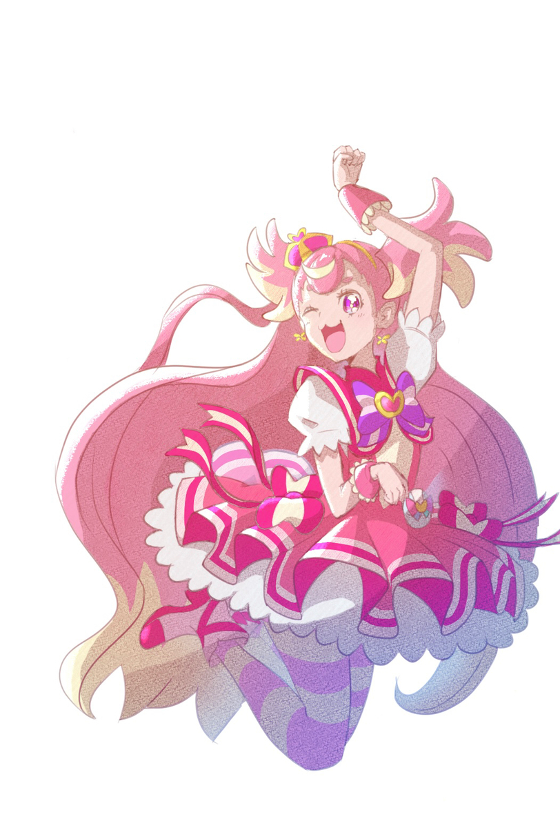 cure wonderful, inukai komugi, precure, wonderful precure!, highres, 1girl, bow, crown, one eye closed, pink eyes, pink hair, pink shoes, ribbon, shoes, striped clothes, striped thighhighs, thighhighs, wonderful tanaka