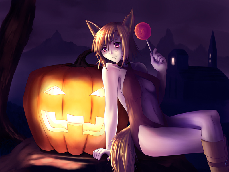 higasa (tamago-kake-gohan), tamago kake gohan, original, bad id, bad pixiv id, 1girl, animal ears, breasts, brown hair, candy, cleavage, crossed legs, dog ears, dog tail, female focus, food, halloween, jack-o'-lantern, lollipop, medium breasts, pumpkin, red eyes, short hair, sitting, solo, swirl lollipop, tail