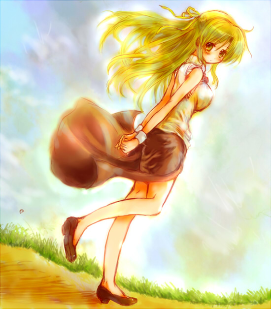 midori-neko, sonozaki shion, higurashi no naku koro ni, bad id, bad pixiv id, 00s, 1girl, female focus, green eyes, green hair, half updo, matching hair/eyes, skirt, solo