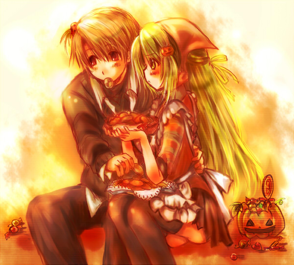 midori-neko, houjou satoshi, sonozaki shion, higurashi no naku koro ni, bad id, bad pixiv id, 00s, 1boy, 1girl, apron, bandana, candy, checkerboard cookie, cookie, couple, food, food-themed hair ornament, hair ornament, halloween, hetero, jack-o'-lantern, lollipop, pumpkin, pumpkin hair ornament, ribbon, sweets, swirl lollipop