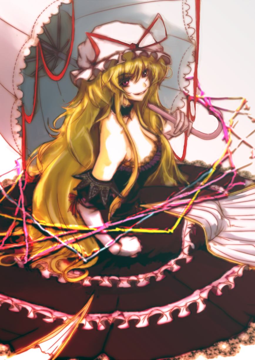 kuronuko neero, yakumo yukari, touhou, highres, 1girl, blonde hair, female focus, gloves, hat, long hair, purple eyes, solo, umbrella, white background