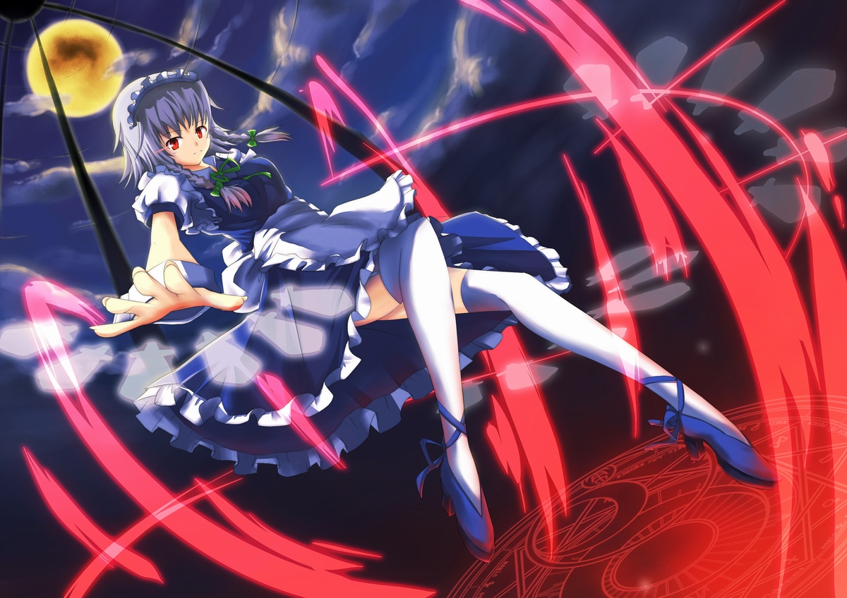 huoshansama, moto kazan, izayoi sakuya, embodiment of scarlet devil, touhou, silver hair, bad id, bad pixiv id, 1girl, braid, female focus, hairband, magic circle, maid, red eyes, short hair, solo, thighhighs, twin braids