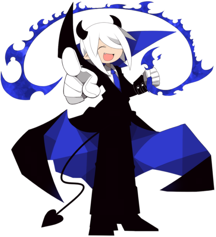 funamusea (artist), carnival rhythm, funamusea, official art, 1boy, black horns, black shoes, blue necktie, fang, gloves, hibuki (funamusea), high collar, holding, horns, long sleeves, necktie, pointing, pointing at viewer, pointy ears, shirt, shoes, small horns, smile, solo, white background, white gloves, white hair