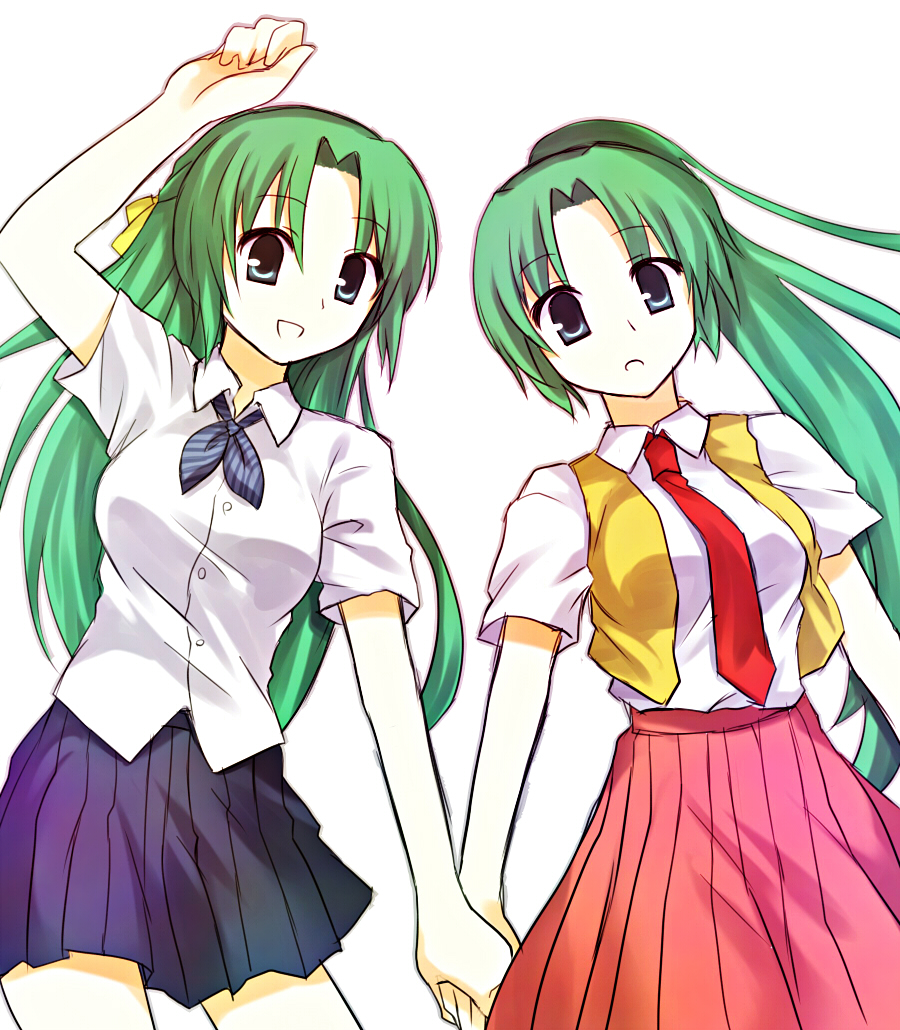 yuri (momo111yuri), sonozaki mion, sonozaki shion, higurashi no naku koro ni, 00s, 2girls, blue eyes, green hair, half updo, holding hands, long hair, multiple girls, necktie, ponytail, red necktie, siblings, sisters, skirt, twins, vest