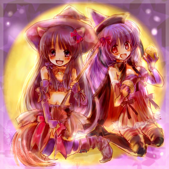 midori-neko, furude rika, hanyuu, higurashi no naku koro ni, costume, bad id, bad pixiv id, 00s, 2girls, animal ears, bell, blue hair, boots, bow, broom, cape, cat ears, cream puff, food, gloves, halloween, hat, horns, midriff, multiple girls, navel, pastry, pink eyes, purple eyes, purple hair, ribbon, witch, witch hat