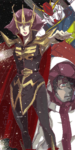 haman karn, judau ashta, gundam, gundam zz, mobile suit gundam, non-web source, 1boy, 1girl, aqua eyes, cape, crown, mecha, purple eyes, red hair, robot