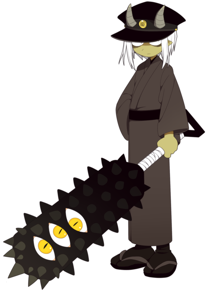 funamusea (artist), funamusea, official art, bags under eyes, brown kimono, colored skin, constricted pupils, geta, green skin, hat, holding, holding weapon, japanese clothes, kiki (funamusea), kimono, long sleeves, looking at viewer, obi, oni, pointy ears, sash, shoes, solo, tabi, weapon, white background, white hair
