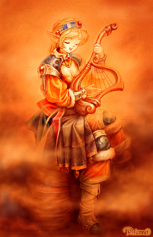 haze, rosanna (mt3t-njr), original, gold collar, archived source, commentary, arm guards, blonde hair, blue hairband, blue shrug, closed eyes, closed mouth, cross-laced clothes, cross-laced legwear, crossed legs, curtained hair, elf, film grain, fog, fur-trimmed sleeves, fur trim, gem, hairband, harp, holding, holding harp, holding instrument, instrument, knee pads, long hair, music, open mouth, orange background, orange pants, orange shirt, orange sleeves, pants, playing instrument, pointy ears, red gemstone, shirt, shrug (clothing), sitting, straight hair, teeth, three-quarter sleeves, tongue, upper teeth only, warm colored