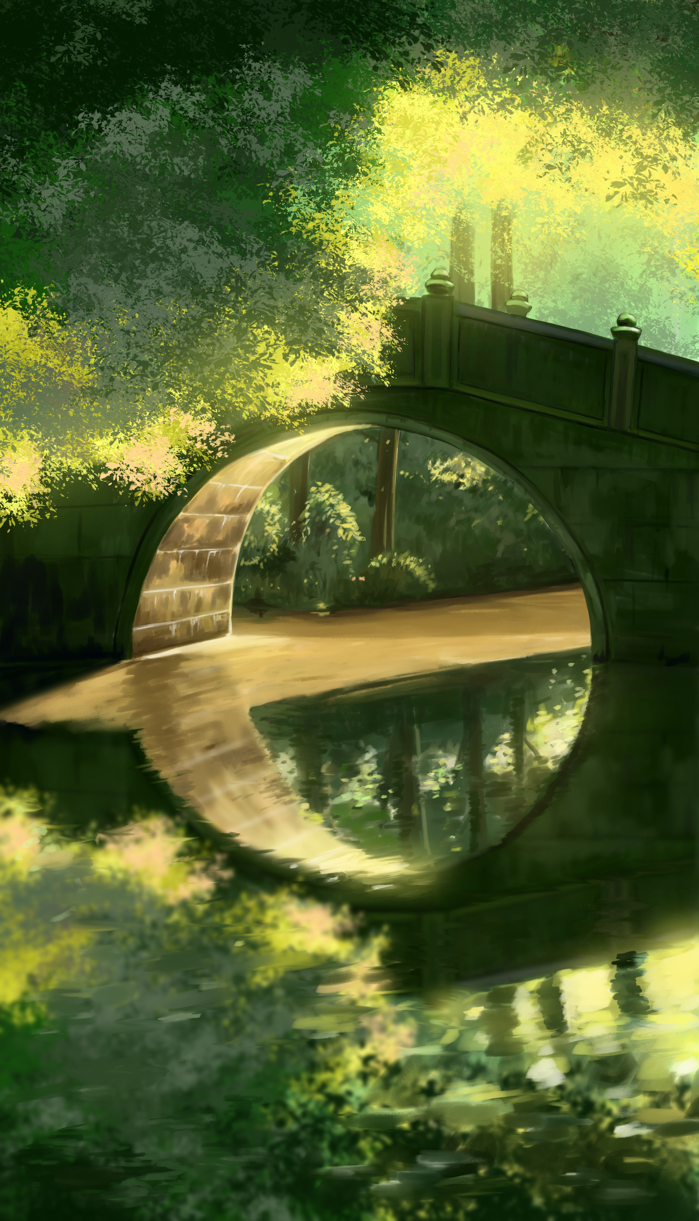 original, absurdres, chinese commentary, commentary request, highres, arch, bridge, day, green theme, no humans, outdoors, reflection, reflective liquid, river, scenery, tree, water, yuki42