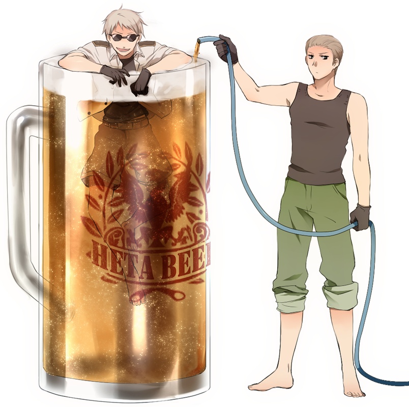 murakami yuichi, germany (hetalia), prussia (hetalia), axis powers hetalia, bad id, bad pixiv id, 00s, 2boys, alcohol, barefoot, beer, blonde hair, blue eyes, brothers, bubble, gloves, hose, male focus, multiple boys, shorts, siblings, sunglasses, tank top