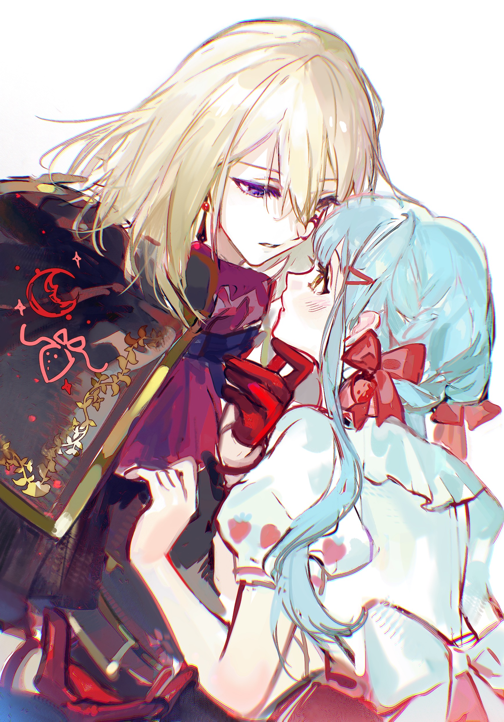 sanmen, aver (yumenokessho), doloris (bang dream!), misumi uika, togawa sakiko, bang dream!, bang dream! it's mygo!!!!!, sweets paradise, absurdres, chinese commentary, commentary request, highres, 2girls, black cape, blonde hair, blue hair, bow, cape, earrings, eye contact, gloves, hair between eyes, hair bow, hair ornament, hairclip, hand on another's chin, jewelry, looking at another, medium hair, multiple girls, parted lips, puffy short sleeves, puffy sleeves, purple eyes, red bow, red gloves, shirt, short hair with long locks, short sleeves, sidelocks, simple background, white background, white shirt, yellow eyes, yumenokessho, yuri