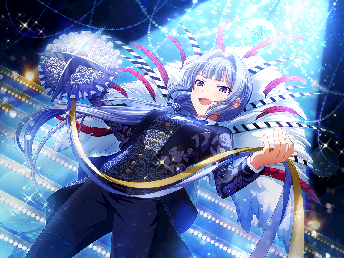 yukishiro akira, shoujo kageki revue starlight, shoujo kageki revue starlight -re live-, game cg, official art, 1girl, black pants, blue bow, blue bowtie, bouquet, bow, bowtie, flower, grey hair, grey jacket, hair intakes, hair over shoulder, holding, holding bouquet, jacket, long hair, long sleeves, open clothes, open jacket, open mouth, pants, ponytail, purple eyes, shirt, solo, spotlight, standing, upper body, white shirt