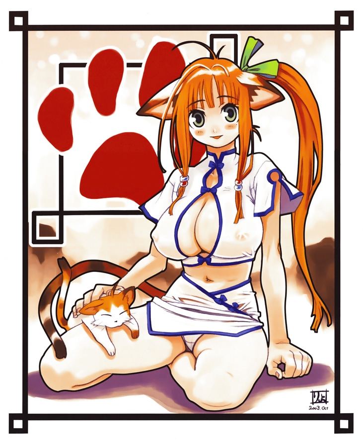 ryoji (nomura ryouji), 1girl, 2003, animal ears, blush, breasts, cat, cat ears, china dress, chinese clothes, cleavage, covered erect nipples, dated, dress, female focus, green eyes, headpat, huge breasts, long hair, looking at viewer, midriff, navel, orange hair, panties, paw print, ponytail, short sleeves, side ponytail, sidelocks, solo, underwear