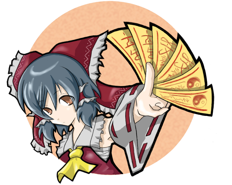 ao usagi, hakurei reimu, touhou, bad id, bad pixiv id, 1girl, black hair, bow, detached sleeves, female focus, foreshortening, hair bow, japanese clothes, miko, ofuda, sarashi, solo