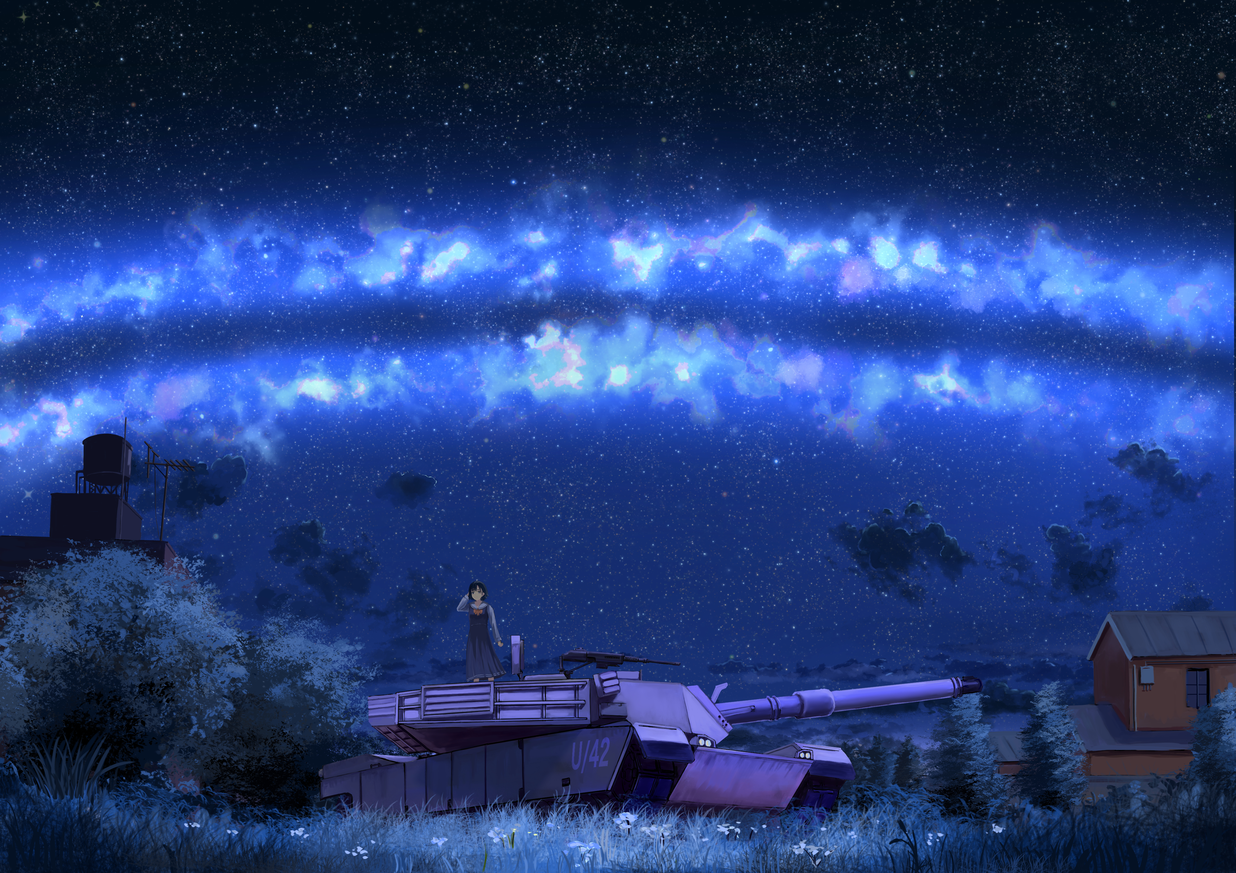 original, absurdres, chinese commentary, commentary request, highres, weapon request, 1girl, arm at side, black hair, building, cloud, dress, field, grass, grey dress, grey shirt, gun, hand up, military vehicle, milky way, motor vehicle, night, outdoors, scenery, school uniform, shirt, short hair, sky, sky focus, solo, standing, star (sky), starry sky, tank, tree, weapon, wide shot, yuki42