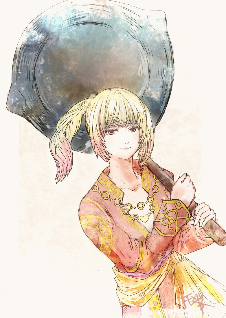 ruka (blueplus84), julyan manderville, final fantasy, final fantasy xiv, 1girl, blonde hair, closed mouth, collarbone, copyright name, frying pan, holding, holding frying pan, hyur, long hair, long sleeves, multicolored hair, over shoulder, pink eyes, pink hair, sash, smile, solo, twintails, two-tone hair, yellow sash