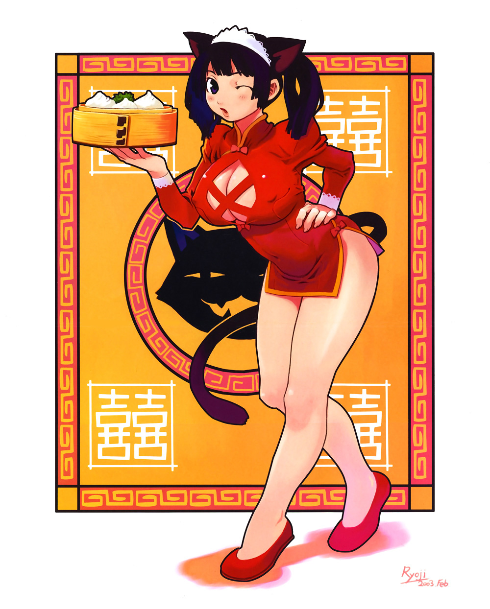 ryoji (nomura ryouji), original, highres, 1girl, 2003, animal ears, artist name, bare legs, black eyes, black hair, breasts, cat ears, cat tail, china dress, chinese clothes, covered erect nipples, covered navel, dated, dress, female focus, food, full body, hand on own hip, holding, huge breasts, long sleeves, one eye closed, side slit, solo, standing, tail, tray, wink