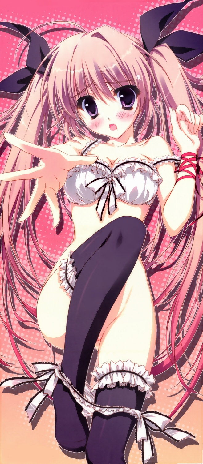 ryouka (suzuya), highres, 1girl, blush, bra, female focus, lingerie, long hair, matching underwear, panties, panty pull, pink hair, purple eyes, ribbon, solo, thighhighs, twintails, underwear, underwear only, very long hair