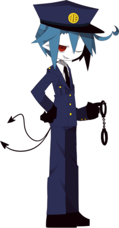 funamusea (artist), hijoushiki roc, funamusea, official art, ahoge, black gloves, black shoes, colored skin, cuffs, demon boy, demon tail, gloves, handcuffs, hat, heart, heart ahoge, long sleeves, looking at viewer, multiple tails, police, police hat, police uniform, policeman, red eyes, shirt, shoes, smile, solo, tail, two tails, white background, white skin