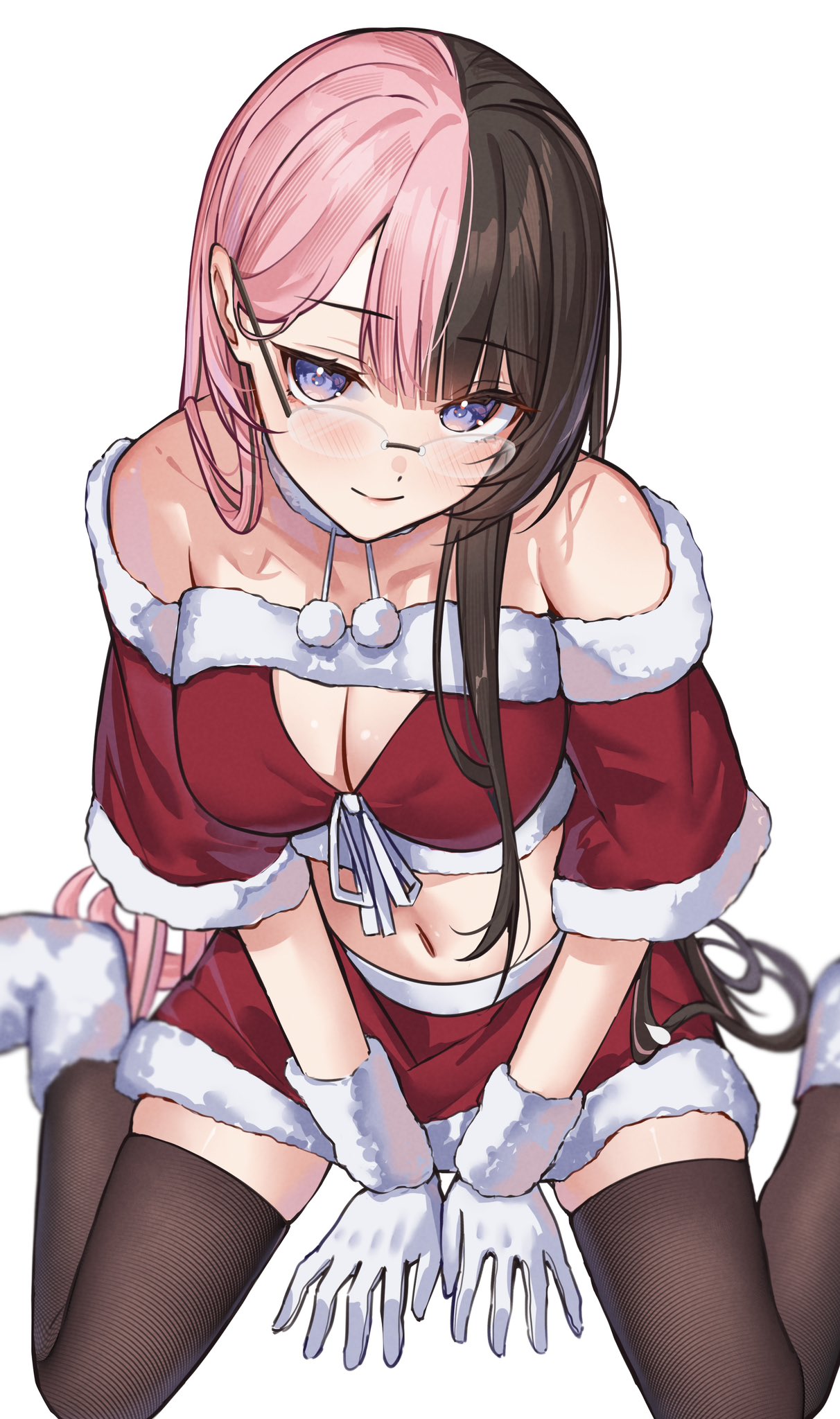 ringozeri, tachibana hinano, vspo!, highres, 1girl, alternate costume, bare shoulders, black thighhighs, blue eyes, blush, breasts, brown hair, cleavage, closed mouth, glasses, gloves, long hair, looking at viewer, multicolored hair, navel, pink hair, simple background, sitting, solo, split-color hair, thighhighs, two-tone hair, virtual youtuber, white background, white gloves