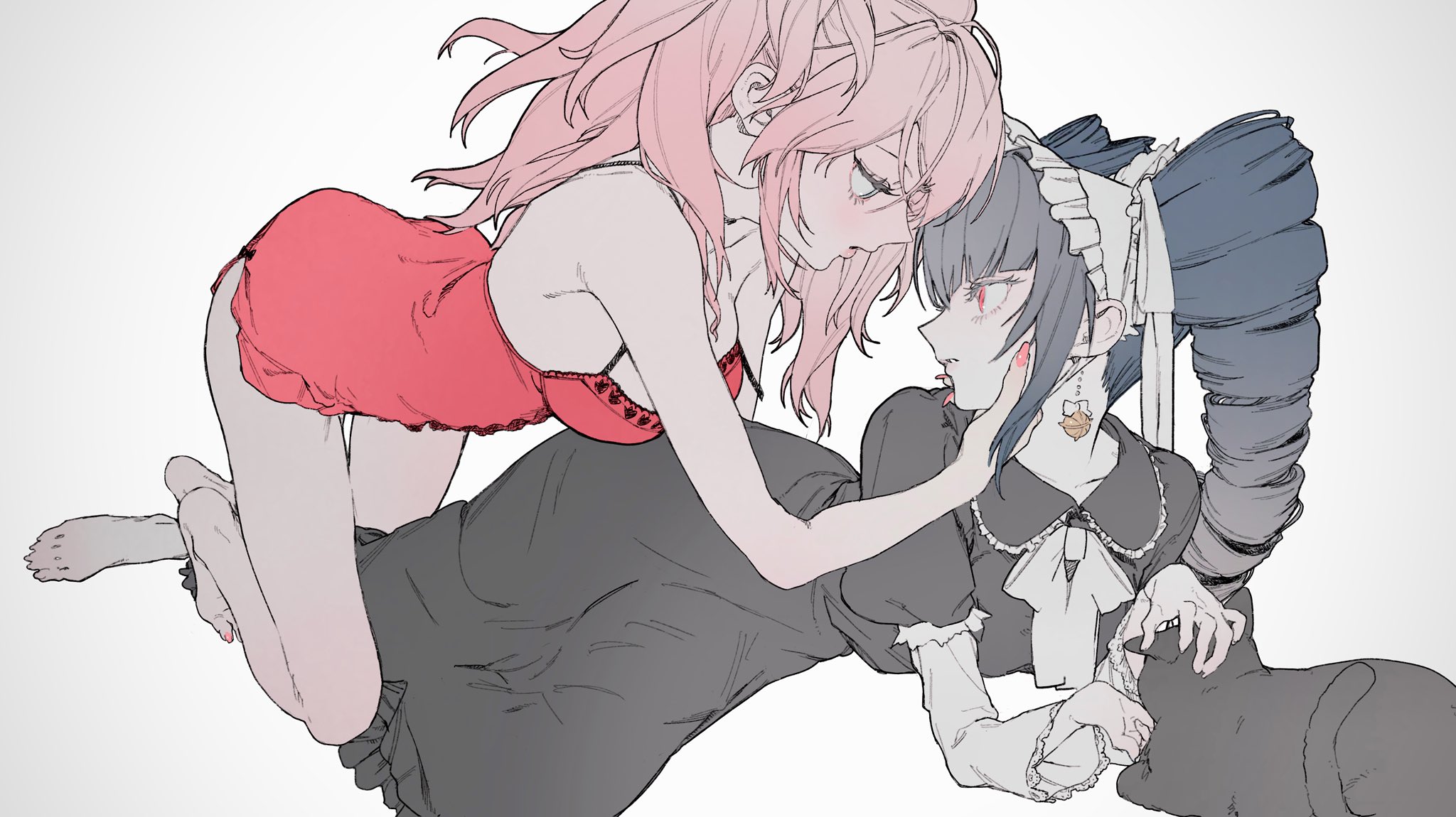 redramcvcvcv, celestia ludenberg, enoshima junko, danganronpa: trigger happy havoc, danganronpa (series), commentary request, highres, 2girls, all fours, animal, babydoll, barefoot, black dress, black hair, blue eyes, breasts, cat, dress, drill hair, earrings, eyelashes, grey background, hair between eyes, jewelry, juliet sleeves, long hair, long sleeves, lying, medium breasts, multiple girls, nail polish, parted lips, pink hair, pink nails, puffy sleeves, red babydoll, red eyes, simple background, twin drills, yuri