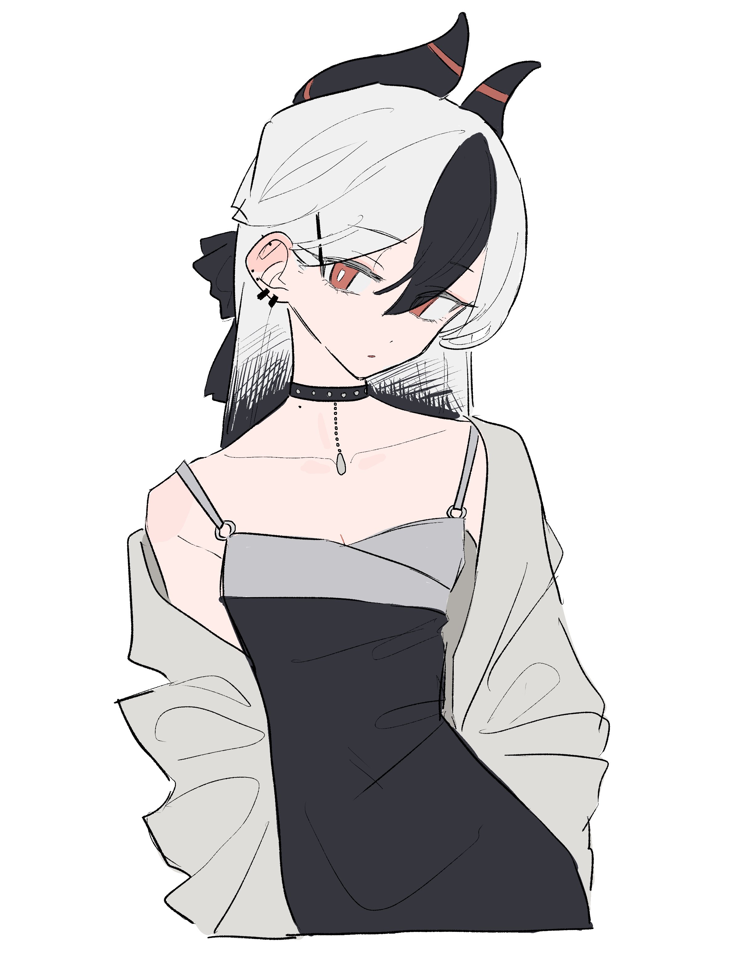 kayoko (blue archive), kayoko (dress) (blue archive), blue archive, absurdres, highres, 1girl, black choker, black dress, black hair, black horns, choker, diamond necklace, dress, ear piercing, fnym, grey jacket, halo, horns, jacket, mole, mole on neck, multicolored hair, piercing, red eyes, studded choker, white background, white hair