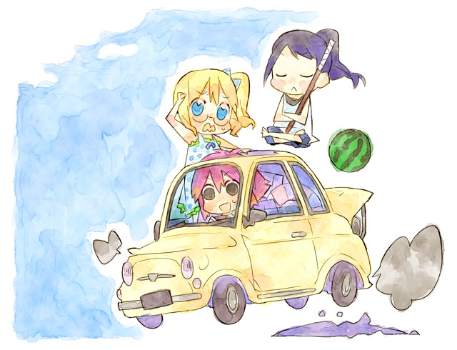 kuma jet, kanbara satomi, senoo kaori, tsuyama mutsuki, fiat, saki (manga), bad id, bad pixiv id, 00s, 3girls, car, casual, chibi, fiat 500, food, fruit, motor vehicle, multiple girls, vehicle focus, watermelon