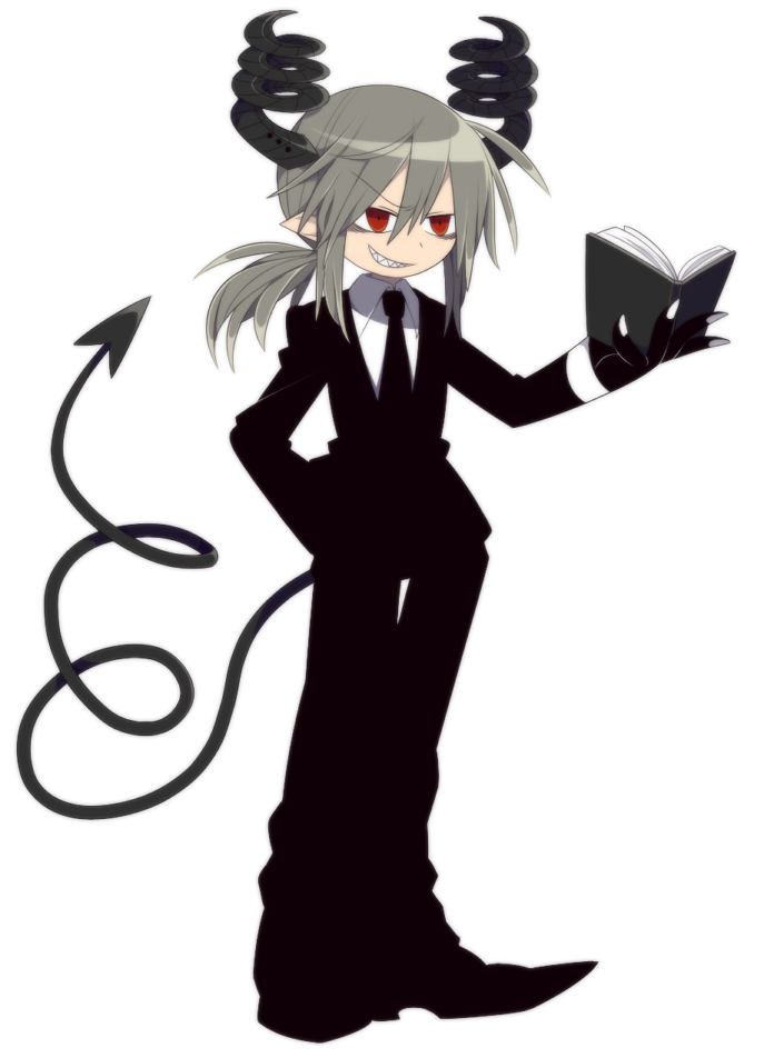 funamusea (artist), anten (funamusea), funamusea, sutare yume, official art, 1boy, bags under eyes, black pants, black shoes, book, demon boy, demon horns, demon tail, formal clothes, grey hair, hair between eyes, holding, holding book, horns, long hair, low-tied long hair, low ponytail, pants, pointy ears, ponytail, red eyes, sharp teeth, shirt, shoes, smile, suit, tail, teeth, very long tail, white shirt