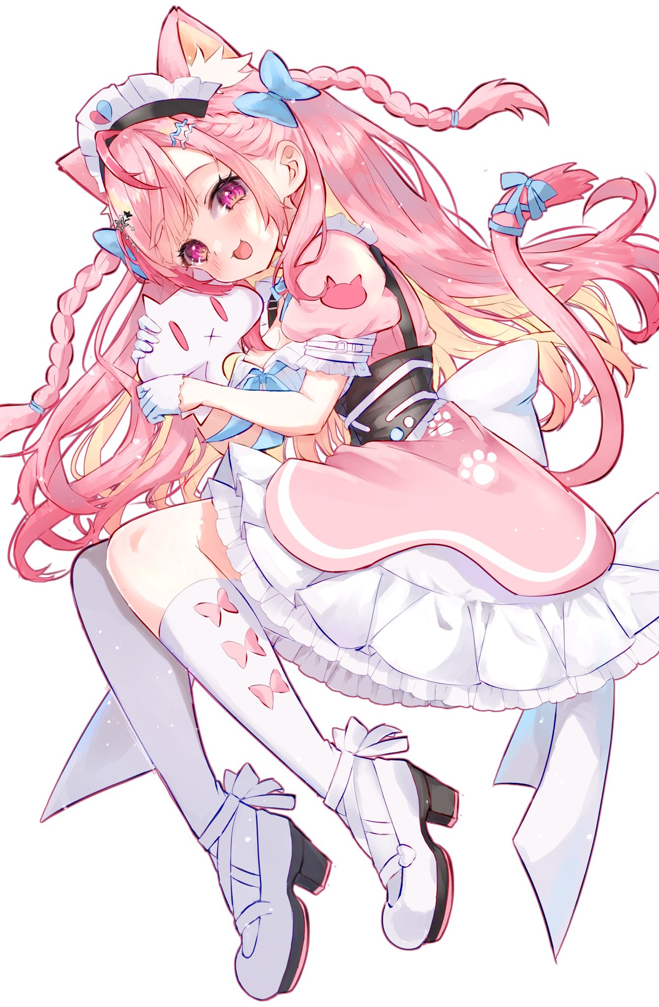 mochiko (mocchikkoo), yuuki sakuna, indie virtual youtuber, commentary request, highres, 1girl, animal ears, blonde hair, blue bow, blush, bow, braid, gloves, hair bow, hair ornament, hairclip, high heels, long hair, looking at viewer, lying, maid headdress, multicolored hair, on side, open mouth, pink eyes, pink hair, pink shirt, pink tail, shirt, shoes, short sleeves, simple background, skirt, socks, solo, stuffed toy, tail, two-tone hair, virtual youtuber, white background, white gloves, white shoes, white skirt, white socks