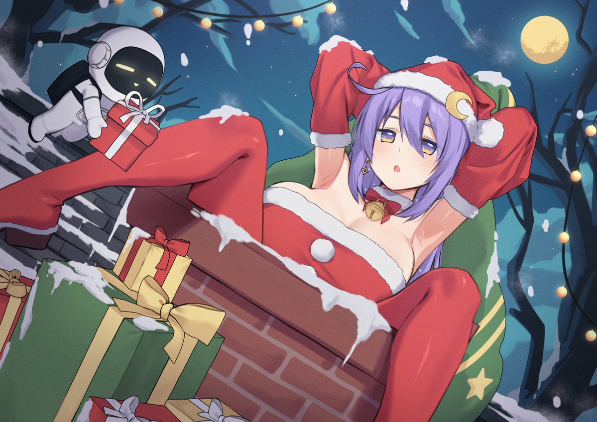 kangbus, moona hoshinova, hololive, hololive indonesia, commentary, commission, english commentary, second-party source, 1girl, :o, armpits, arms behind head, bare tree, bell, boots, bow, bowtie, box, breasts, chimney, cleavage, cloud, collar, detached sleeves, double-parted bangs, dress, earrings, full moon, fur-trimmed dress, fur-trimmed headwear, fur-trimmed sleeves, fur collar, fur trim, gift, gift box, gradient eyes, hair between eyes, hat, holding, holding sack, jewelry, jitome, large breasts, long hair, long sleeves, looking at viewer, moon, moonabito (moona hoshinova), multicolored eyes, neck bell, night, open mouth, outdoors, pom pom (clothes), purple eyes, purple hair, red boots, red bow, red bowtie, red dress, red hat, sack, santa costume, santa hat, single earring, sleeveless, sleeveless dress, snow, solo, strapless, strapless dress, stuck, thigh boots, tree, virtual youtuber, white collar, yellow eyes