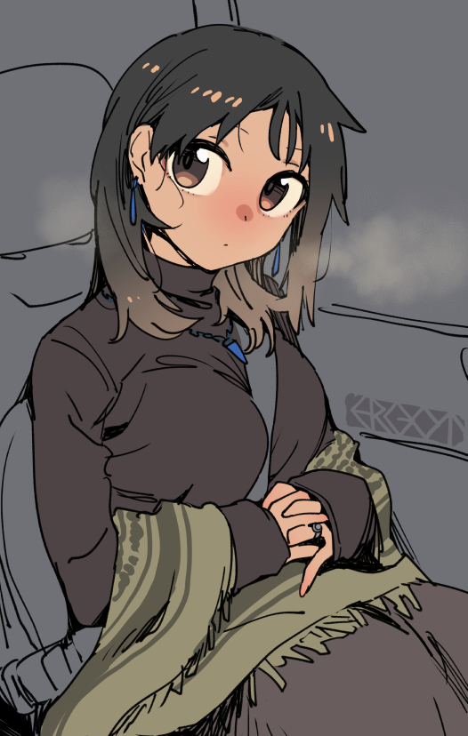 ergot, tina (ergot), original, commentary request, 1girl, artist name, black eyes, black sweater, breasts, brown eyes, car interior, closed mouth, dot mouth, earrings, interlocked fingers, jewelry, looking at viewer, medium breasts, medium hair, ring, seatbelt, shawl, sitting, solo, sweater, wedding ring