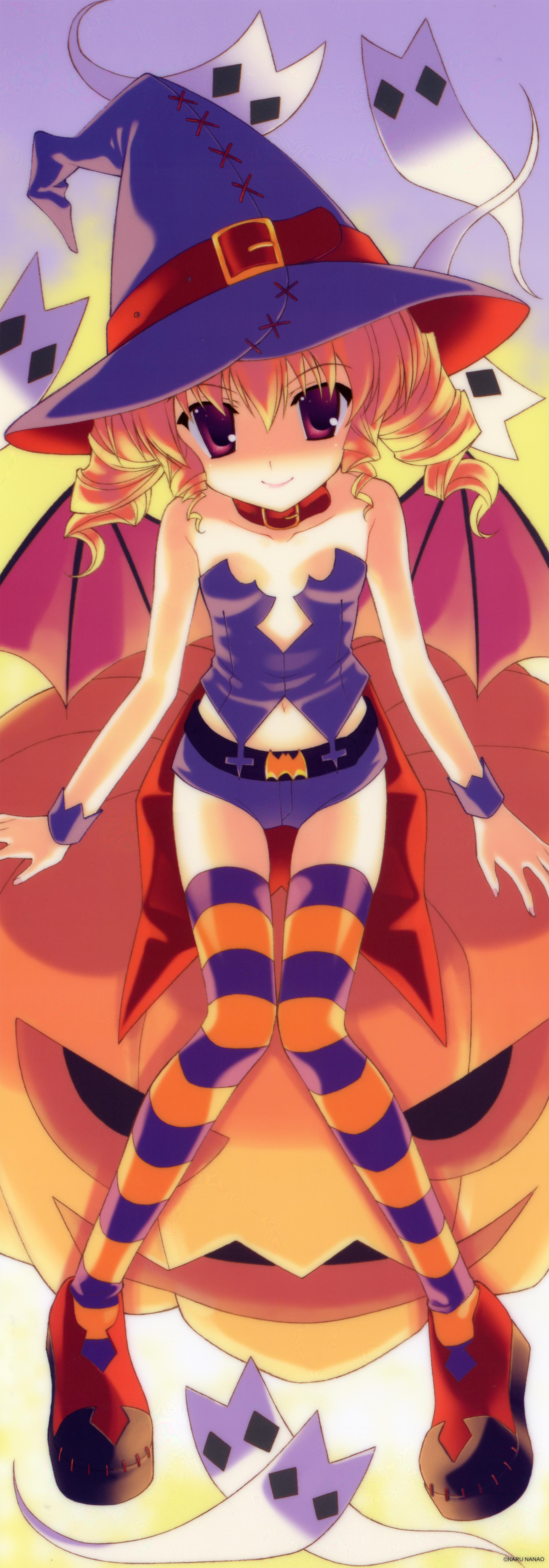 nanao naru, absurdres, highres, long image, tall image, 1girl, bat wings, blonde hair, blue thighhighs, drill hair, female focus, flat chest, ghost, halloween, hat, jack-o'-lantern, orange thighhighs, pumpkin, purple eyes, short hair, short shorts, short twintails, shorts, solo, stick poster, striped clothes, striped thighhighs, thighhighs, twin drills, twintails, wings