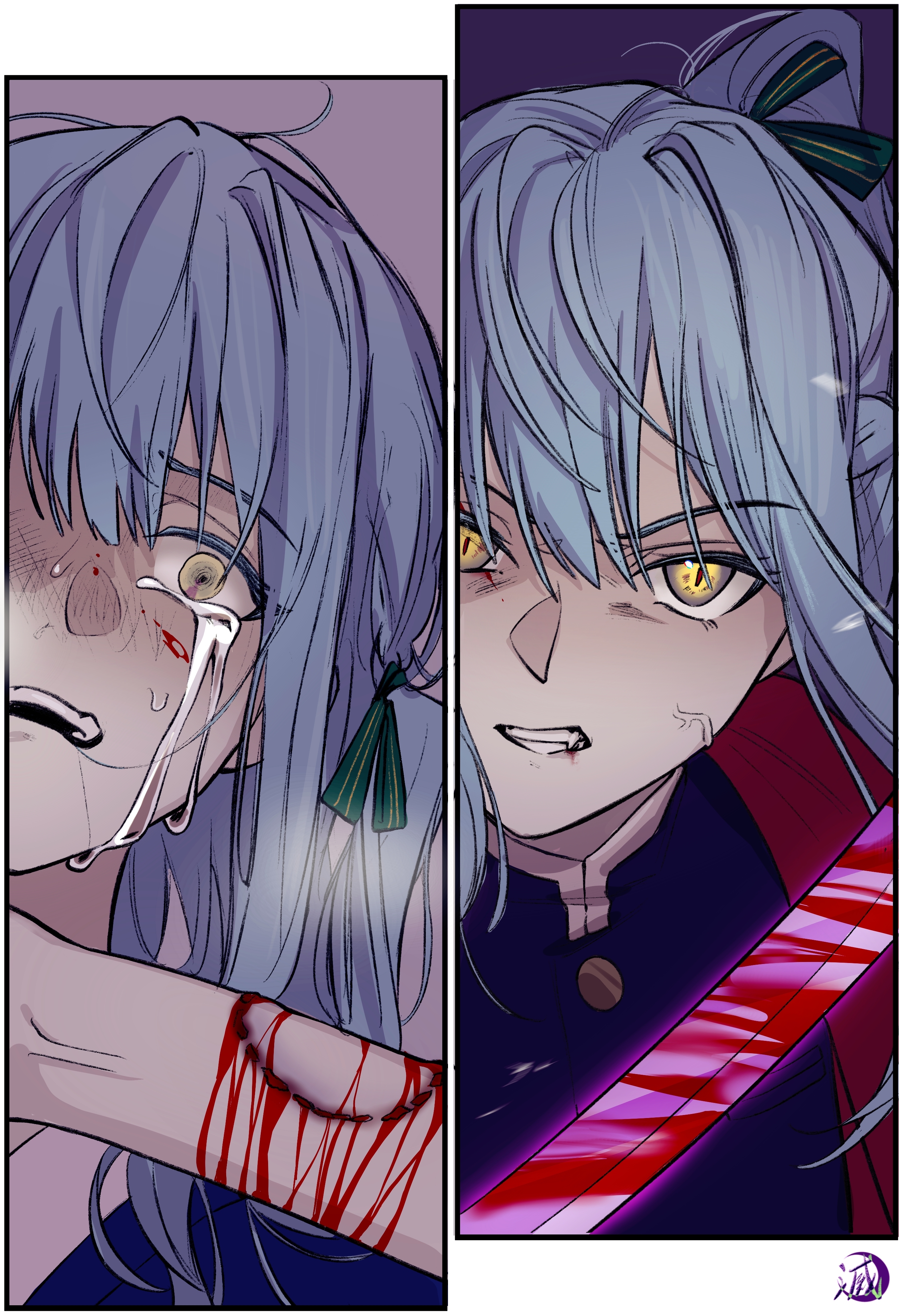 hero45439083942, togawa sakiko, bang dream!, bang dream! it's mygo!!!!!, absurdres, chinese commentary, commentary request, highres, 1girl, bite mark, bite mark on arm, blood, blue hair, clenched teeth, injury, long hair, open mouth, sidelocks, slit pupils, sword, teeth, weapon, yellow eyes