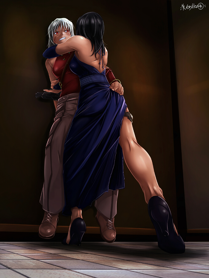 sbel02, alphard (canaan), canaan (character), 428, 428: fuusa sareta shibuya de, canaan (series), chunsoft, 2girls, against wall, androgynous, bare shoulders, black hair, boots, dress, elbow gloves, gloves, gun, high heels, multiple girls, reverse trap, shoes, short hair, weapon, white hair, yuri